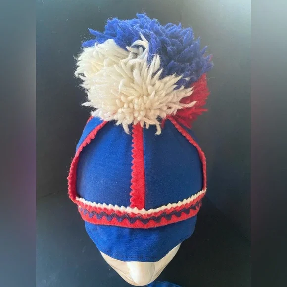 Vintage Skandia Norwegian Style Blue Red White Pom Pom Kids Beanie 70s 80s - Picture 2 of 9